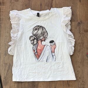 White Ruffle Sleeve Graphic Tee with Back-Sip Illustration - Women